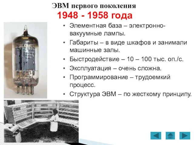 ЭВМ первого поколения 1948 - 1958 года Элементная база – электронно-вакуумные лампы.