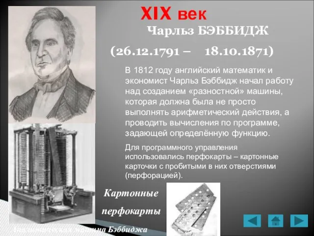 XIX век Чарльз БЭББИДЖ (26.12.1791 – 18.10.1871) Картонные перфокарты Аналитическая машина Бэббиджа