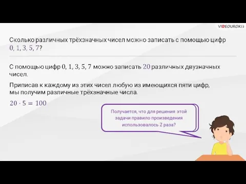 Приписав к каждому из этих чисел любую из имеющихся пяти цифр, мы получим различные трёхзначные числа.