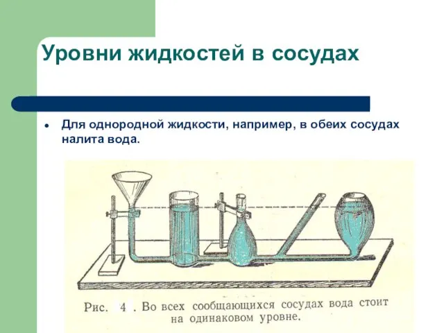 Уровни жидкостей в сосудах Для однородной жидкости, например, в обеих сосудах налита вода.