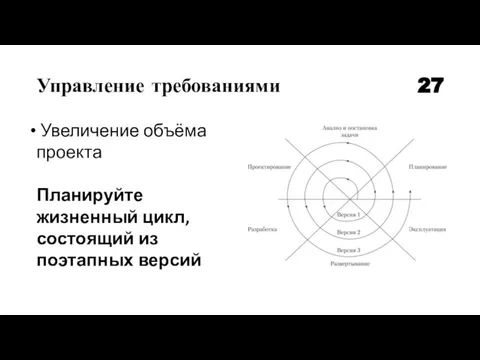 Управление требованиями 27 Увеличение объёма проекта Планируйте жизненный цикл, состоящий из поэтапных версий