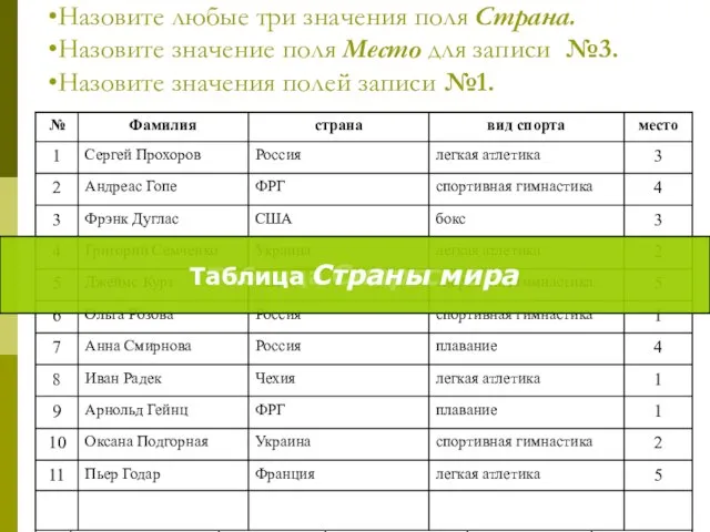 Назовите количество записей, полей, имена и типы полей таблицы •Назовите любые три