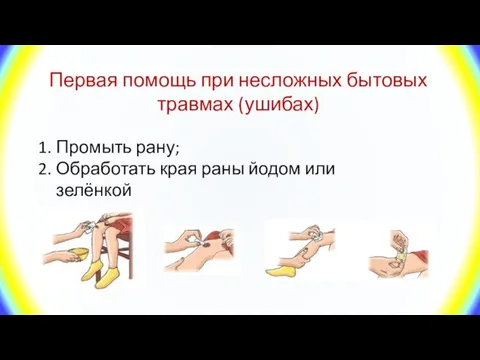 Первая помощь при несложных бытовых травмах (ушибах) Промыть рану; Обработать края раны йодом или зелёнкой