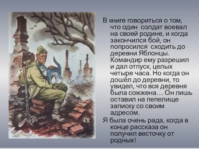 В книге говориться о том, что один солдат воевал на своей родине,