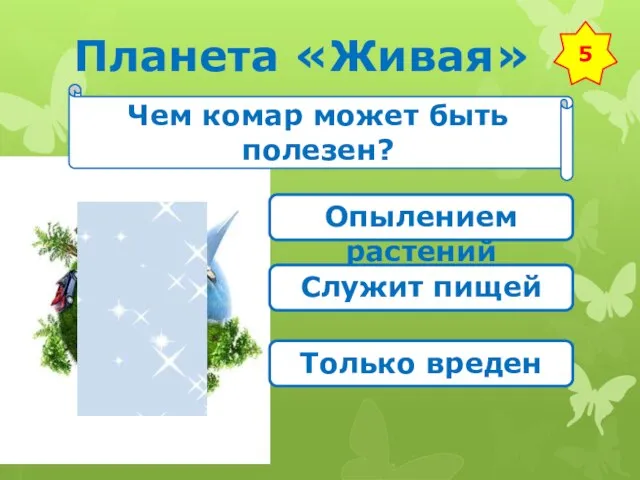 Планета «Живая» 5 Чем комар может быть полезен? Опылением растений Служит пищей Только вреден