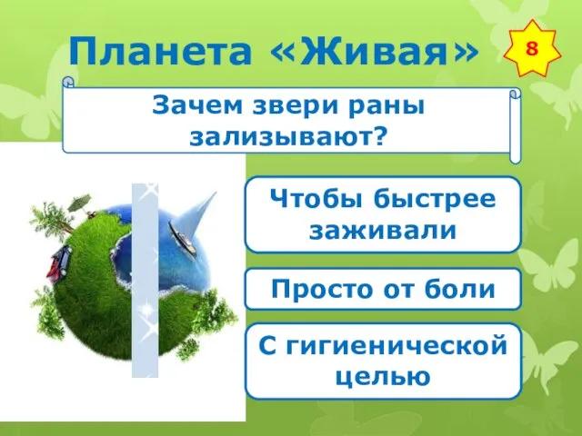 Планета «Живая» 8 Зачем звери раны зализывают? Чтобы быстрее заживали Просто от боли С гигиенической целью