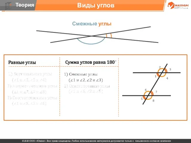 . Виды углов Смежные углы Равные углы Сумма углов равна 180˚