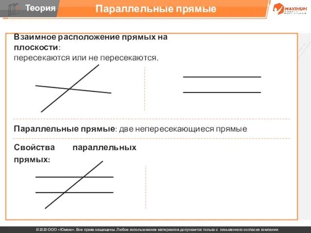 Параллельные прямые Взаимное расположение прямых на плоскости: пересекаются или не пересекаются. Параллельные