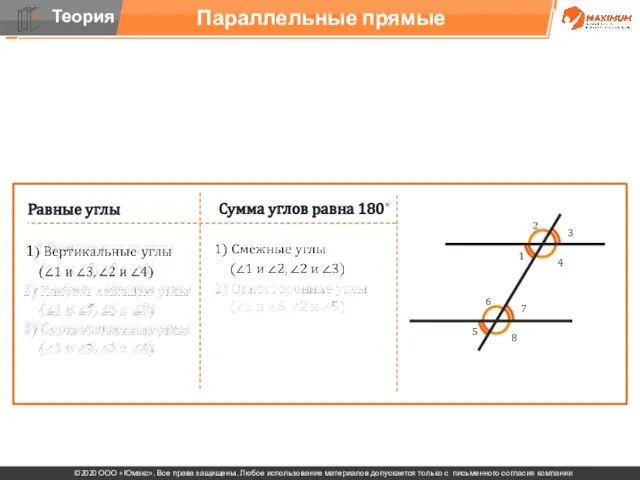 . Параллельные прямые Равные углы Сумма углов равна 180˚