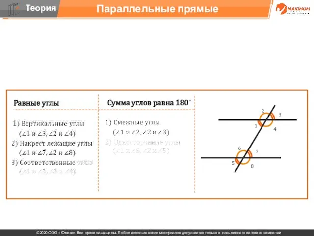 . Параллельные прямые Равные углы Сумма углов равна 180˚