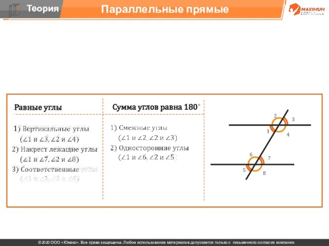 . Параллельные прямые Равные углы Сумма углов равна 180˚