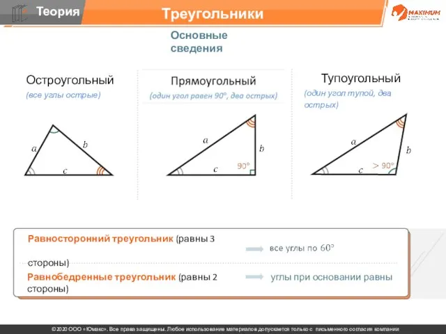 Треугольники Основные сведения Остроугольный (все углы острые) Тупоугольный (один угол тупой, два острых)