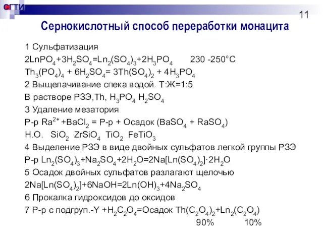 Сернокислотный способ переработки монацита 1 Сульфатизация 2LnPO4+3H2SO4=Ln2(SO4)3+2H3PO4 230 -250°С Th3(PO4)4 + 6H2SO4=