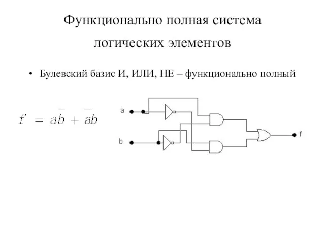 Функционально полная система логических элементов Булевский базис И, ИЛИ, НЕ – функционально полный
