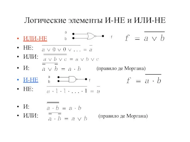 Логические элементы И-НЕ и ИЛИ-НЕ ИЛИ-НЕ НЕ: ИЛИ: И: (правило де Моргана)