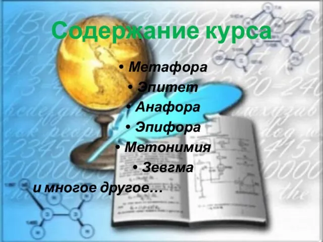 Содержание курса Метафора Эпитет Анафора Эпифора Метонимия Зевгма и многое другое…