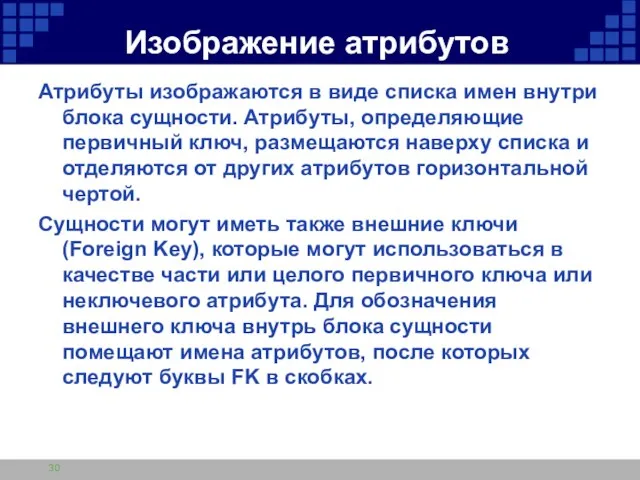 Изображение атрибутов Атрибуты изображаются в виде списка имен внутри блока сущности. Атрибуты,