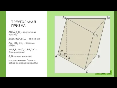 ТРЕУГОЛЬНАЯ ПРИЗМА АВСA1В1С1 – треугольная призма; ΔАВС и ΔA1В1С1 – основания; АA1,