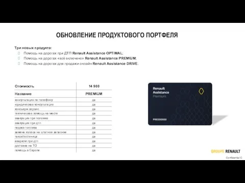 ОБНОВЛЕНИЕ ПРОДУКТОВОГО ПОРТФЕЛЯ Три новых продукта: Помощь на дорогах при ДТП Renault