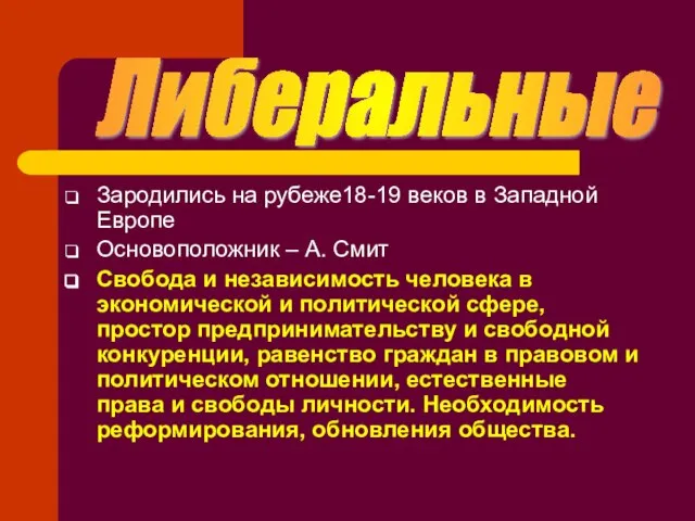 Зародились на рубеже18-19 веков в Западной Европе Основоположник – А. Смит Свобода