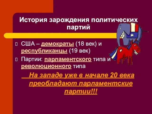 История зарождения политических партий США – демократы (18 век) и республиканцы (19