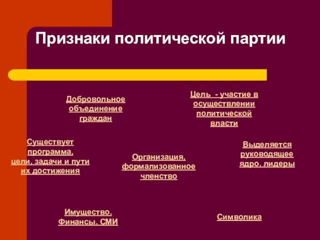 Признаки политической партии Добровольное объединение граждан Существует программа, цели, задачи и пути