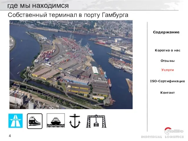 где мы находимся Собственный терминал в порту Гамбурга Cодержание Kоротко о нас Отзывы Услуги ISO-Сертификация Контакт