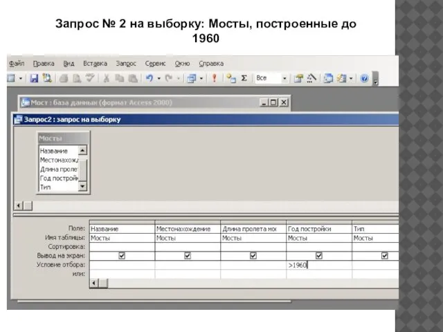 Запрос № 2 на выборку: Мосты, построенные до 1960