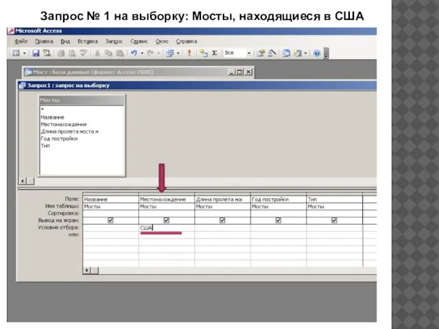 Запрос № 1 на выборку: Мосты, находящиеся в США