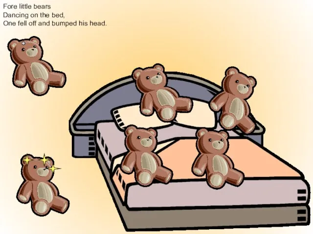 Fore little bears Dancing on the bed, One fell off and bumped his head.