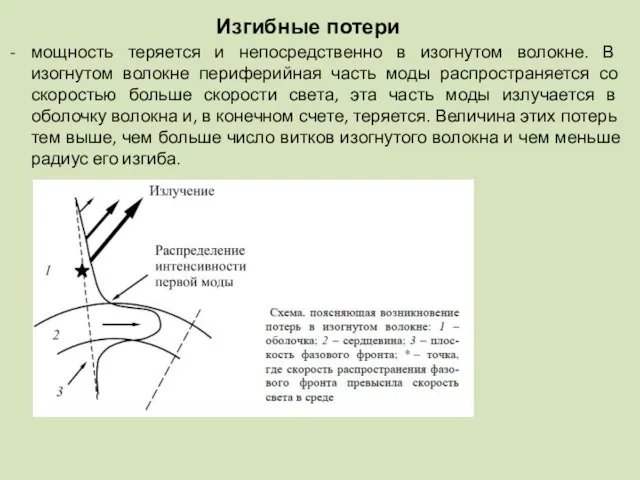 Изгибные потери мощность теряется и непосредственно в изогнутом волокне. В изогнутом волокне