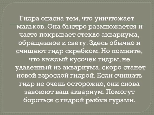 Гидра опасна тем, что уничтожает мальков. Она быстро размножается и часто покрывает