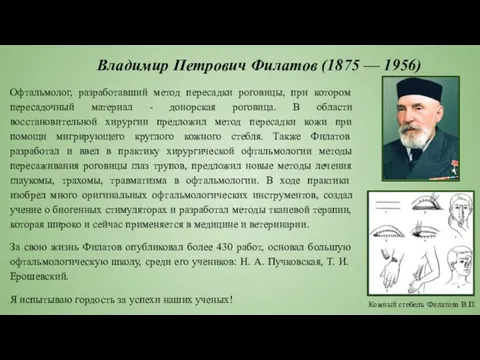 Владимир Петрович Филатов (1875 — 1956) Офтальмолог, разработавший метод пересадки роговицы, при
