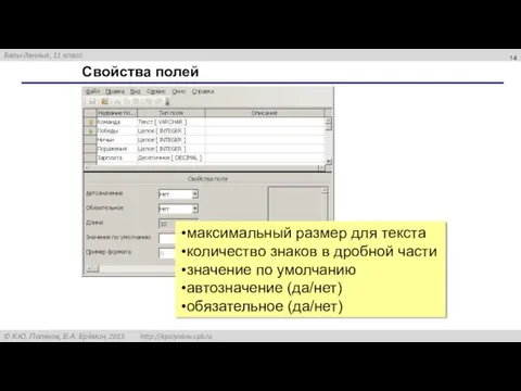 Свойства полей максимальный размер для текста количество знаков в дробной части значение