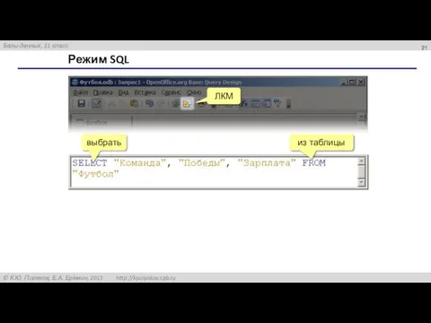 Режим SQL ЛКМ выбрать из таблицы