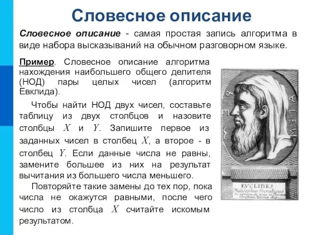 Словесное описание Словесное описание - самая простая запись алгоритма в виде набора