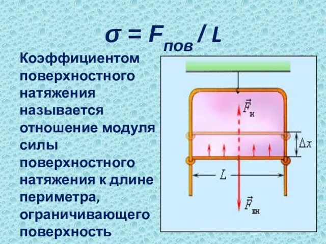 σ = Fпов / L Коэффициентом поверхностного натяжения называется отношение модуля силы