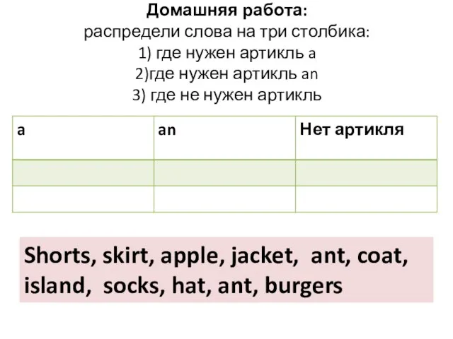 Домашняя работа: распредели слова на три столбика: 1) где нужен артикль a