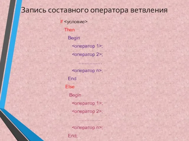 Запись составного оператора ветвления If Then Begin ; ; …………… ; End