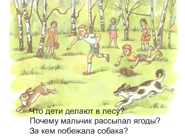 Что дети делают в лесу? Почему мальчик рассыпал ягоды? За кем побежала собака?