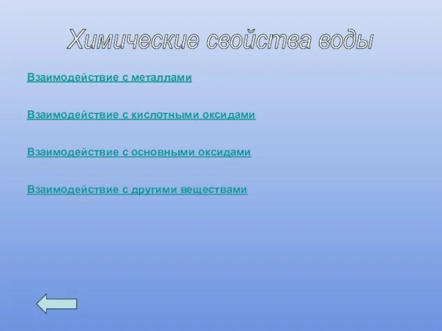 Химические свойства воды Взаимодействие с металлами Взаимодействие с кислотными оксидами Взаимодействие с