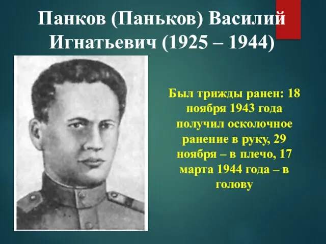 Панков (Паньков) Василий Игнатьевич (1925 – 1944) Был трижды ранен: 18 ноября