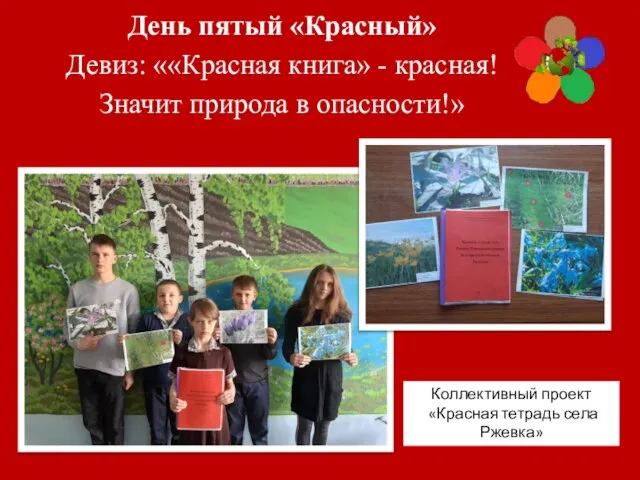 День пятый «Красный» Девиз: ««Красная книга» - красная! Значит природа в опасности!»