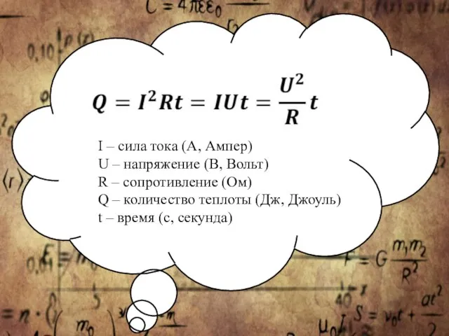 I – сила тока (А, Ампер) U – напряжение (В, Вольт) R