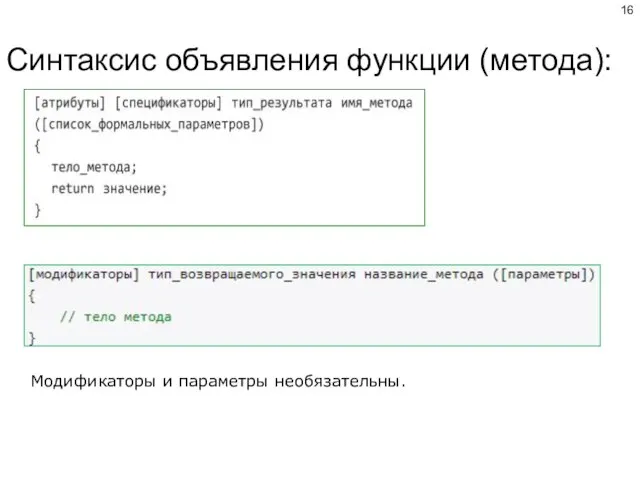 Синтаксис объявления функции (метода): Модификаторы и параметры необязательны.