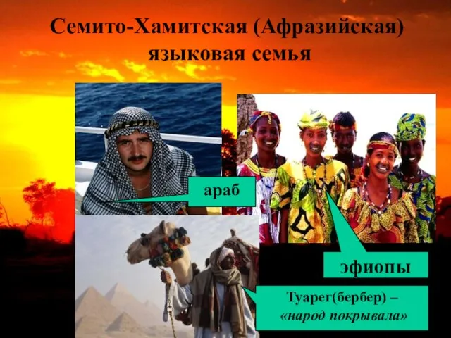 Семито-Хамитская (Афразийская) языковая семья араб эфиопы Туарег(бербер) – «народ покрывала»