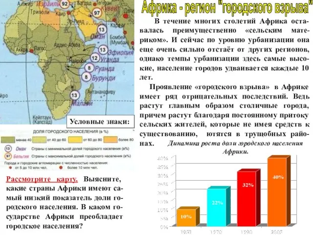 Африка - регион "городского взрыва" В течение многих столетий Африка оста-валась преимущественно