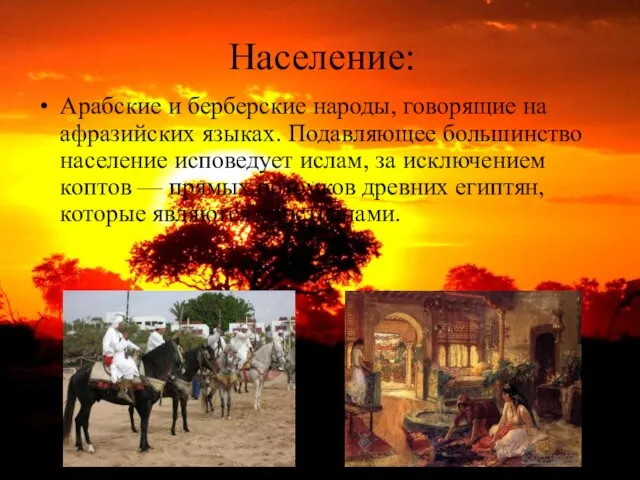 Население: Арабские и берберские народы, говорящие на афразийских языках. Подавляющее большинство население