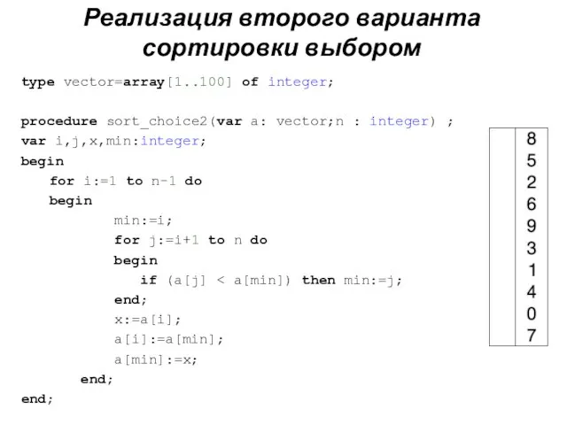 type vector=array[1..100] of integer; procedure sort_choice2(var a: vector;n : integer) ; var