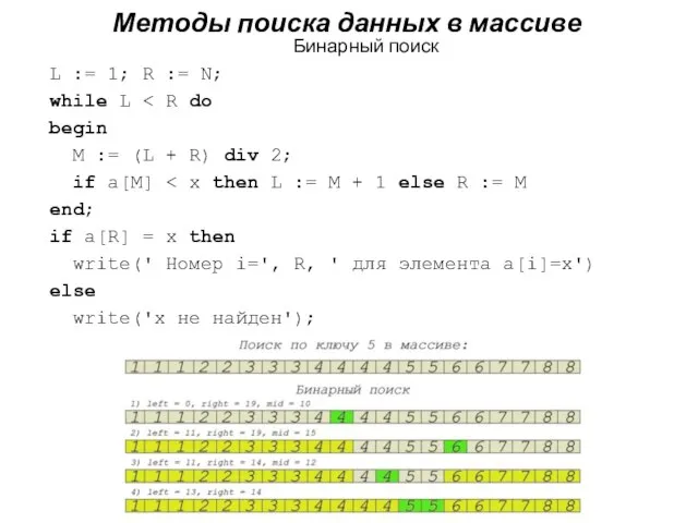 Бинарный поиск L := 1; R := N; while L begin M